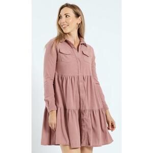 Velvet Heart Tiered Long-Sleeve Shirt-Dress Dusty Rose Size XS